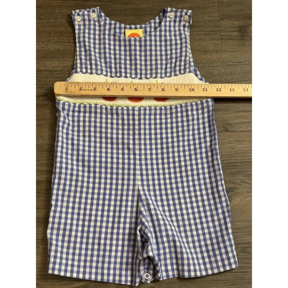 Toddler Boys Longall Overalls Size 2 Blue Gingham Smocked Pumpkin Fall Preppy